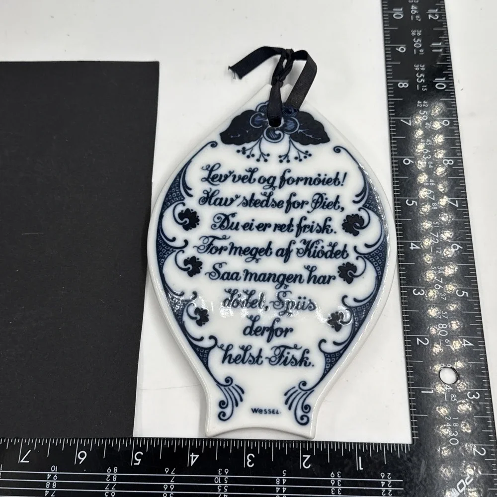 Vintage Porsgrund Norway Blue &‎ White Porcelain Fish Trivet w/Wessel Poem 1960s